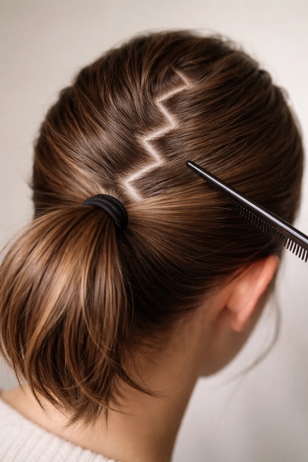 Close-up of zigzag part line in hair with ponytail ready to be gathered