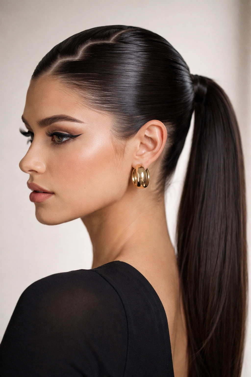 25 Slick Back Ponytail Styles for a Chic, Polished Look 19 Close-up of a slicked low pony with a dramatic zigzag part.