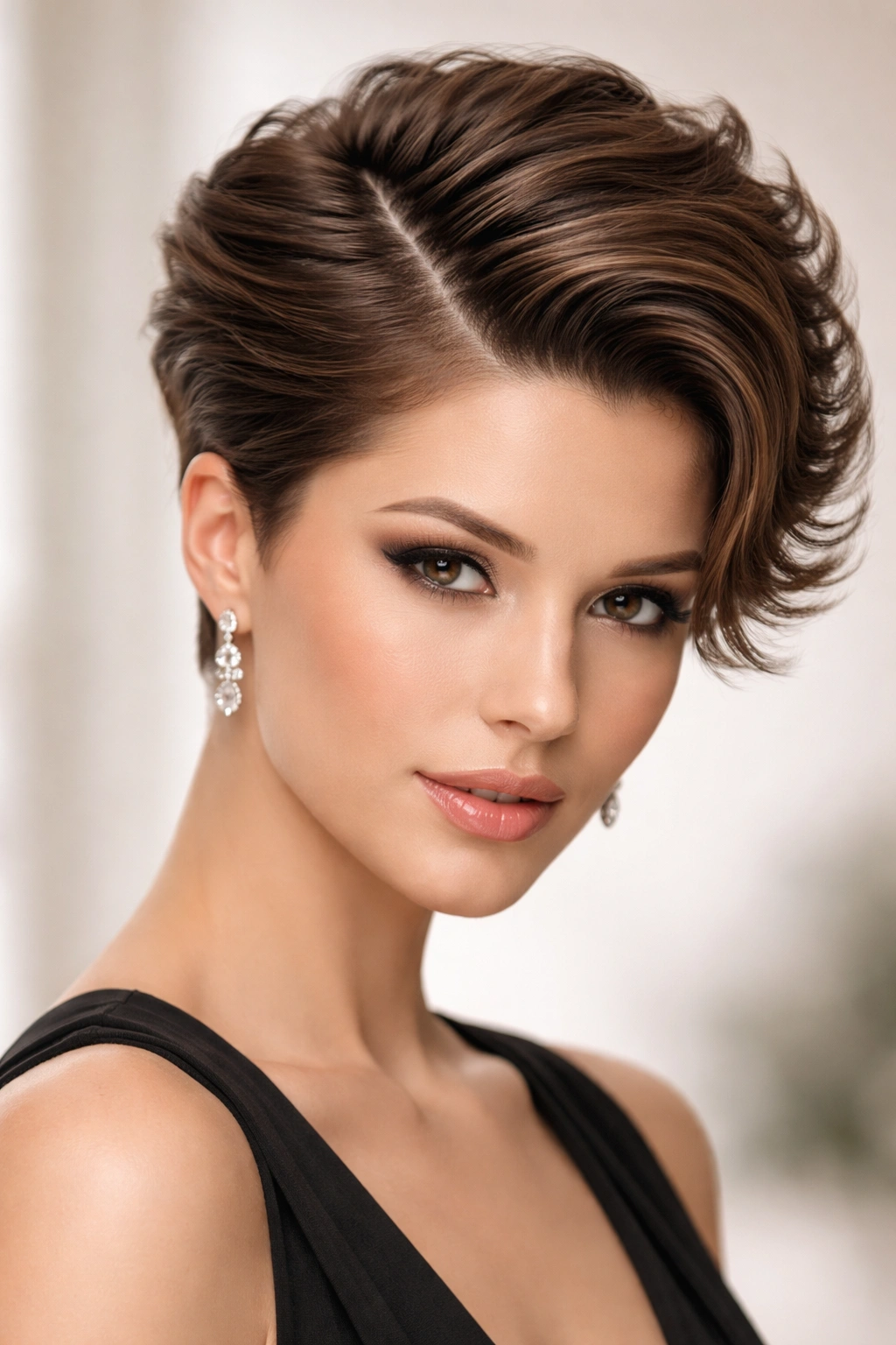 Short hair with crisp zigzag part and voluminous crown