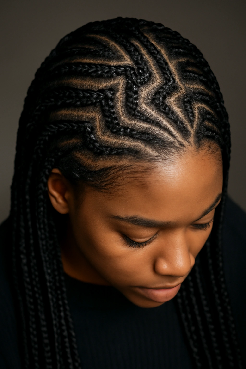 Box braids with zigzag sculptural parting pattern on the scalp