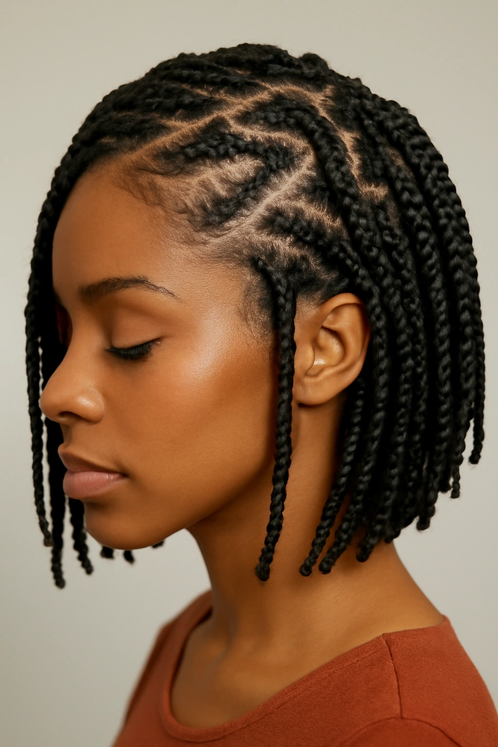 Box braids with a bold zigzag part creating geometric volume across the scalp