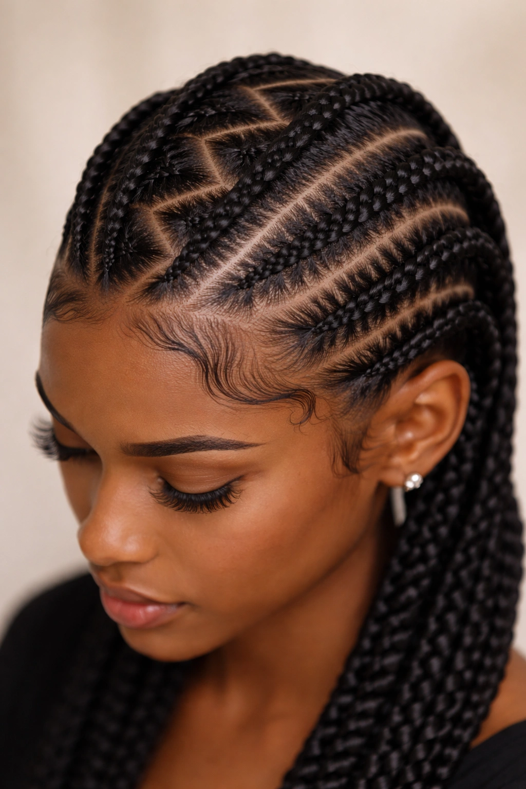 Close-up of zigzag parting lines on braided hair