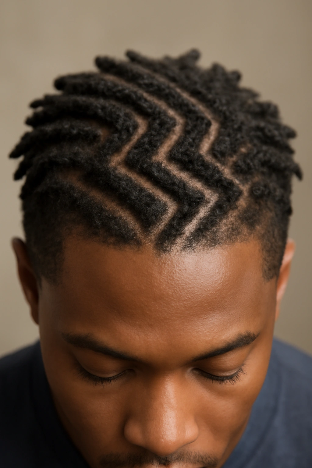 10 Hairstyles to Try If You Have Short Dreads 5 Top-down view showing zigzag pattern created by short dreadlocks along the scalp.