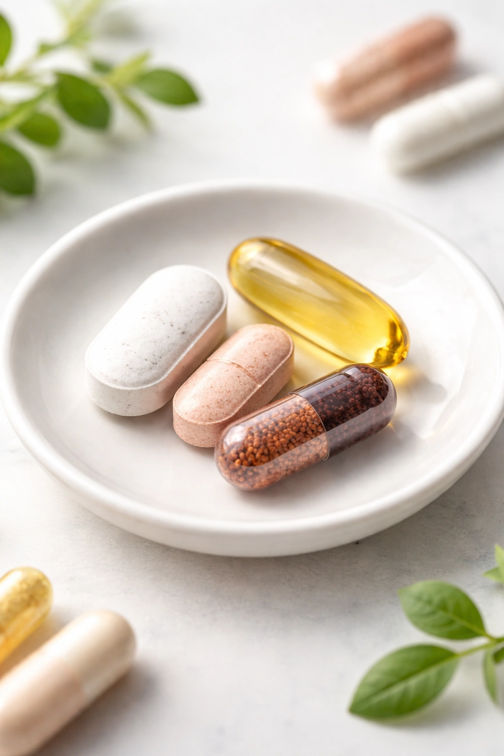 Assorted pills representing nutrients that work with zinc