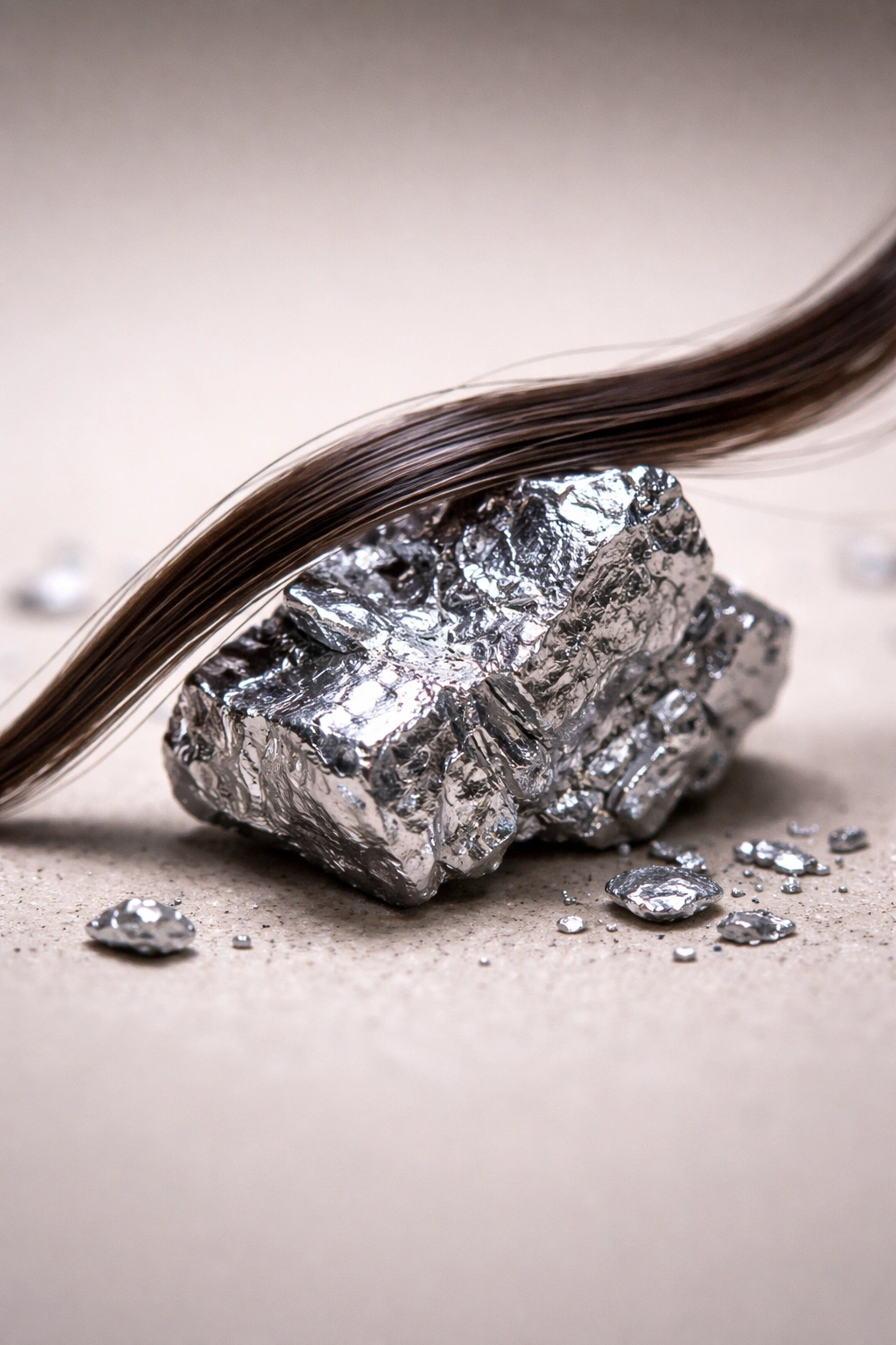 Zinc mineral shard with a hair strand resting across it