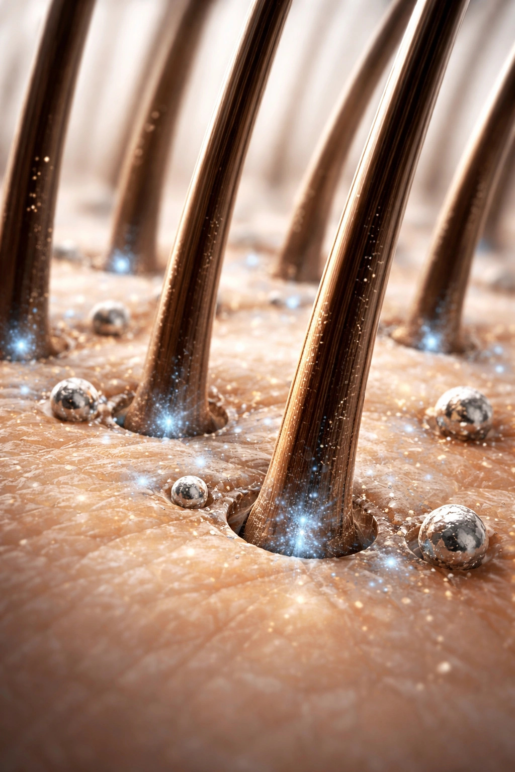Macro view of healthy hair shafts at the scalp with mineral-like shimmer