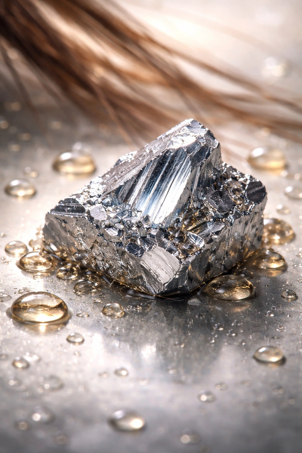 Zinc crystal with oil droplets indicating scalp oil regulation