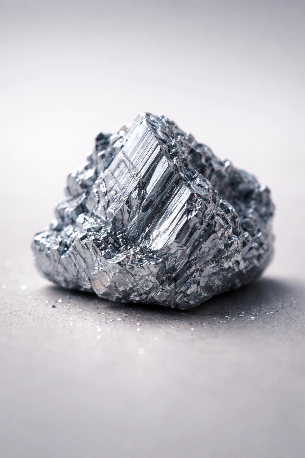 Close-up of a zinc crystal on a neutral surface, illustrating zinc as a trace mineral