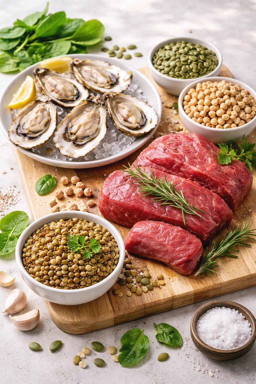 Still life of zinc-rich foods such as oysters, beef, seeds and legumes on a wooden board