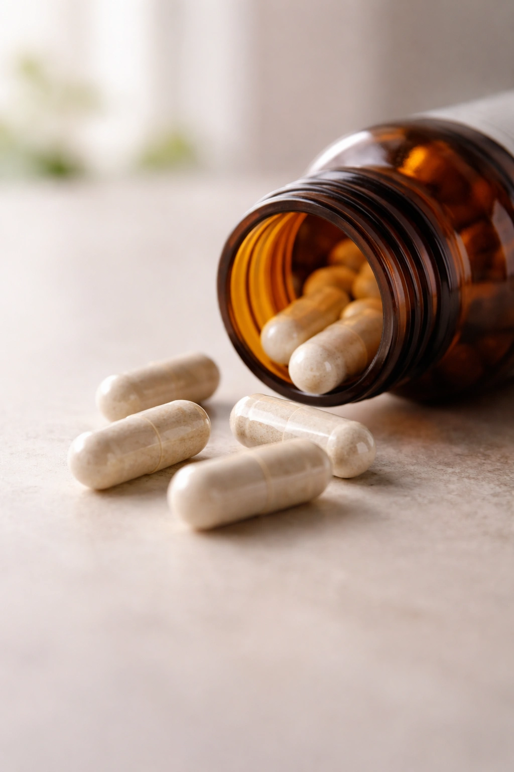 Zinc supplement bottle with capsules on a white surface