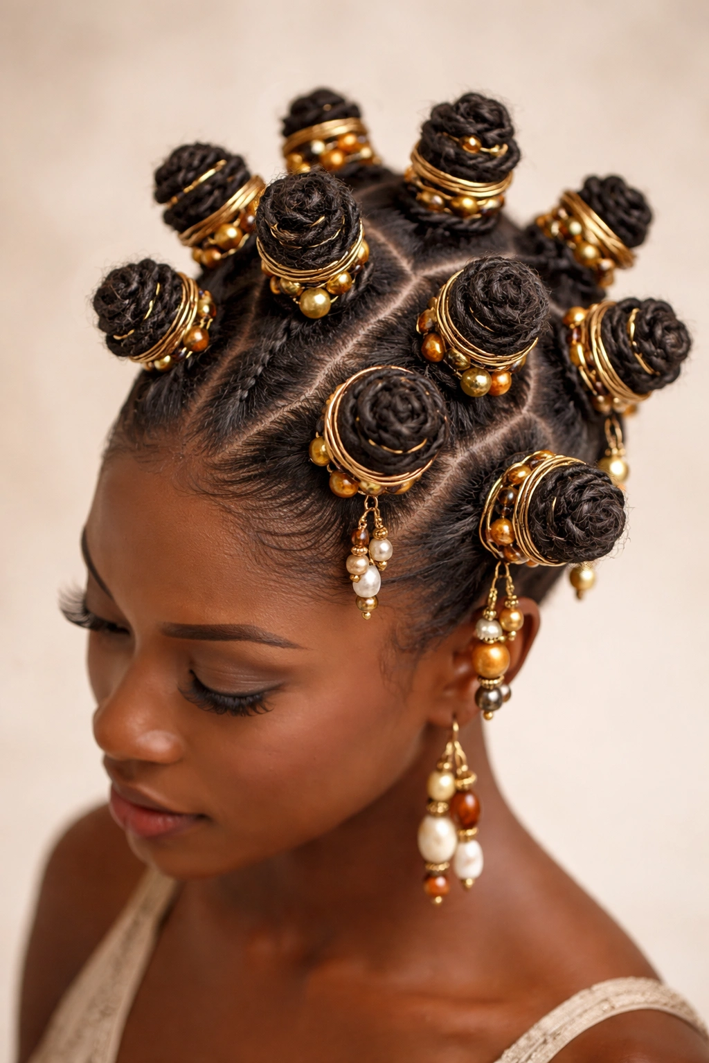 10 Beautiful Beaded Hairstyles For Black Women 8 Three-dimensional Zulu knots with beads and wire wrapping on a sculpted crown hairstyle