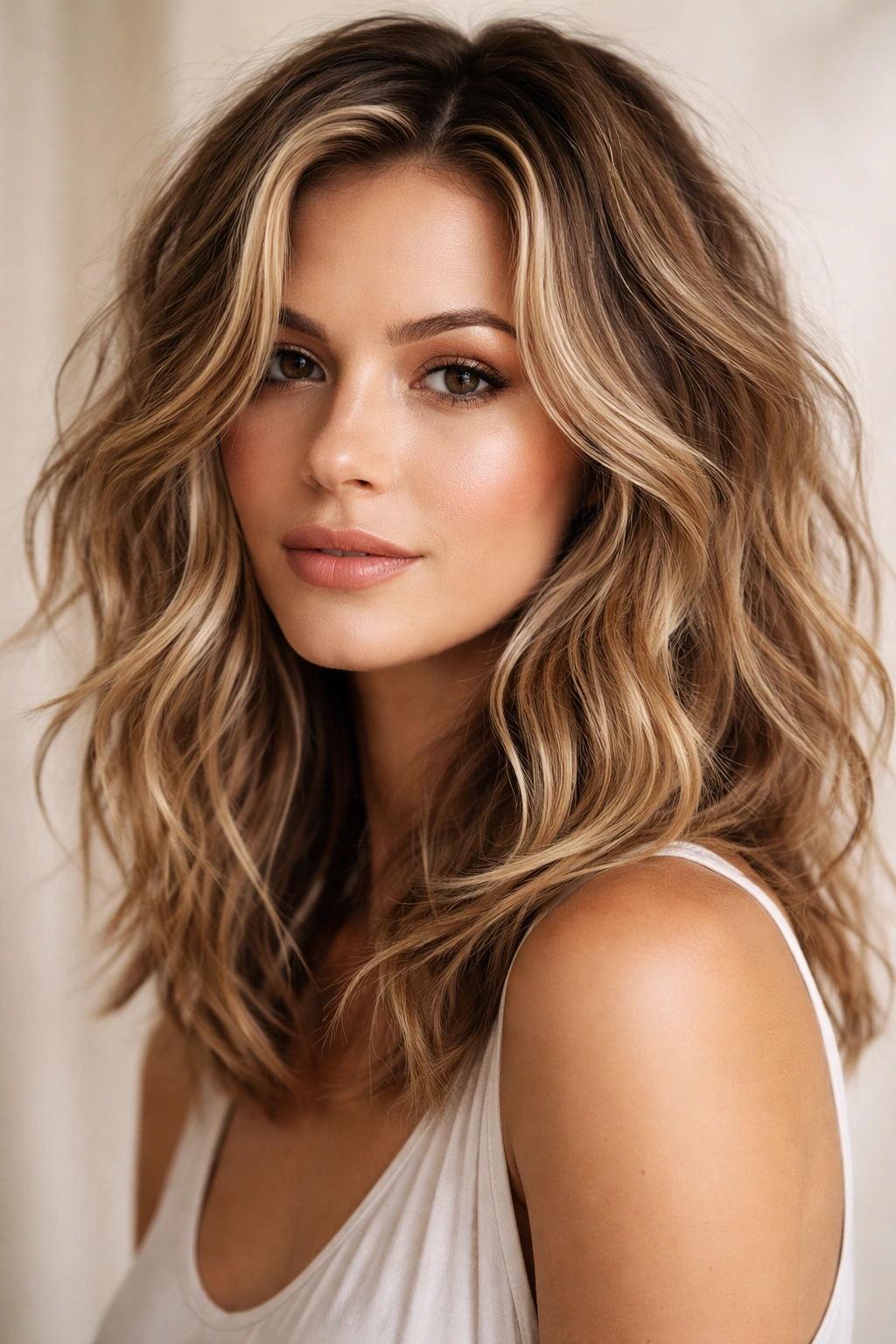 18 Hairstyles That Add Width To A Longer Face 7 Close-up portrait of a person with tousled beach waves framing the face