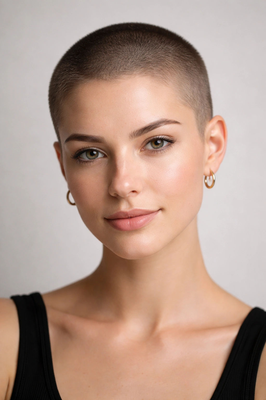 Close-up of a head with a 1/4 inch buzz cut pixie in a neutral studio backdrop
