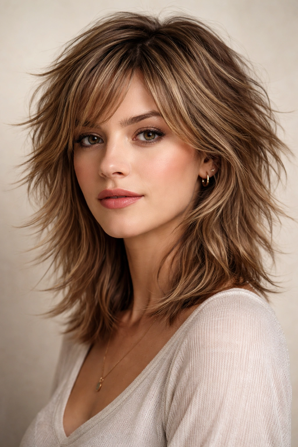 18 Hairstyles That Add Width To A Longer Face 10 Close-up of head with choppy, piece-y layers all over the hairstyle