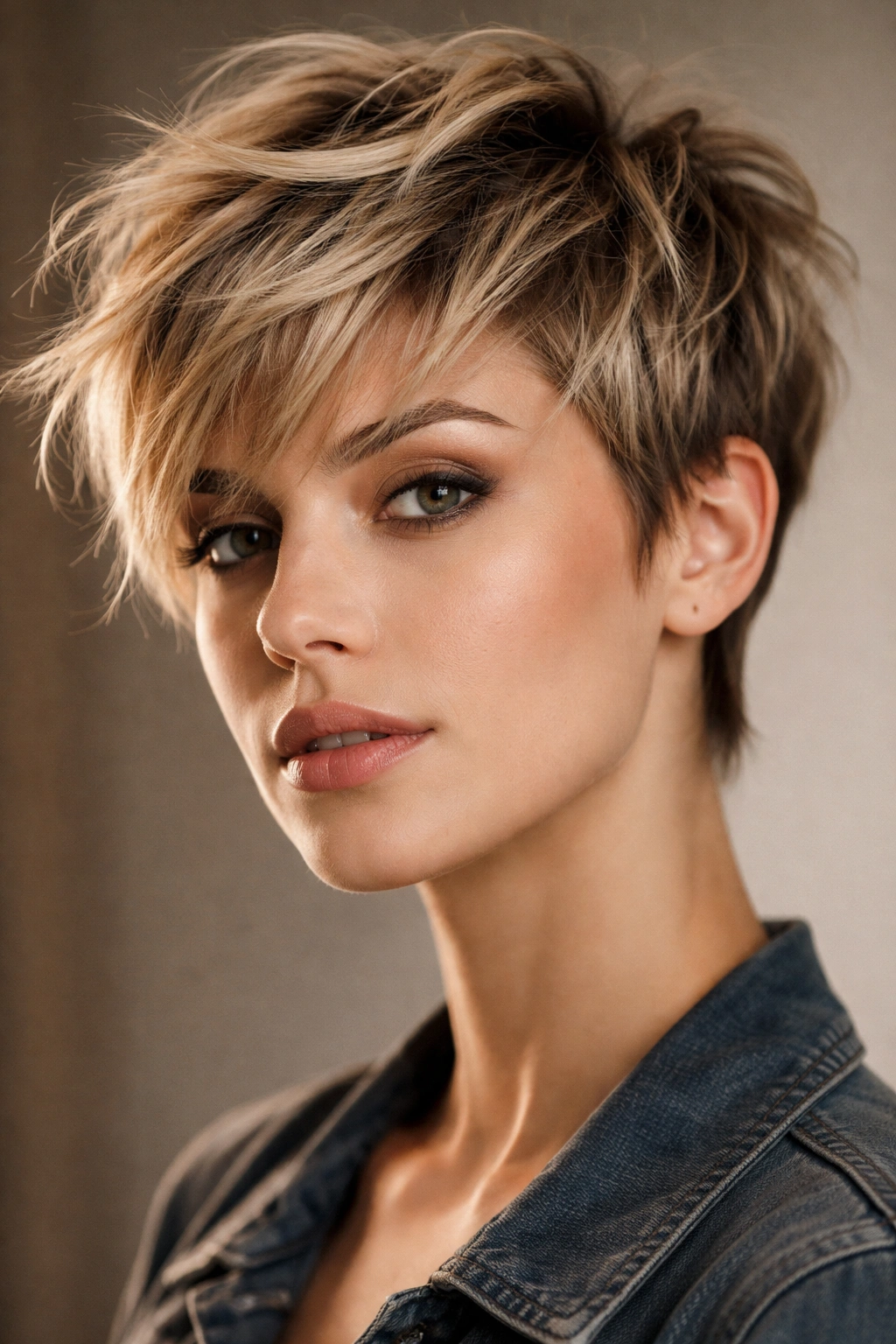 Portrait of a person with a choppy pixie hairstyle showing layered texture.