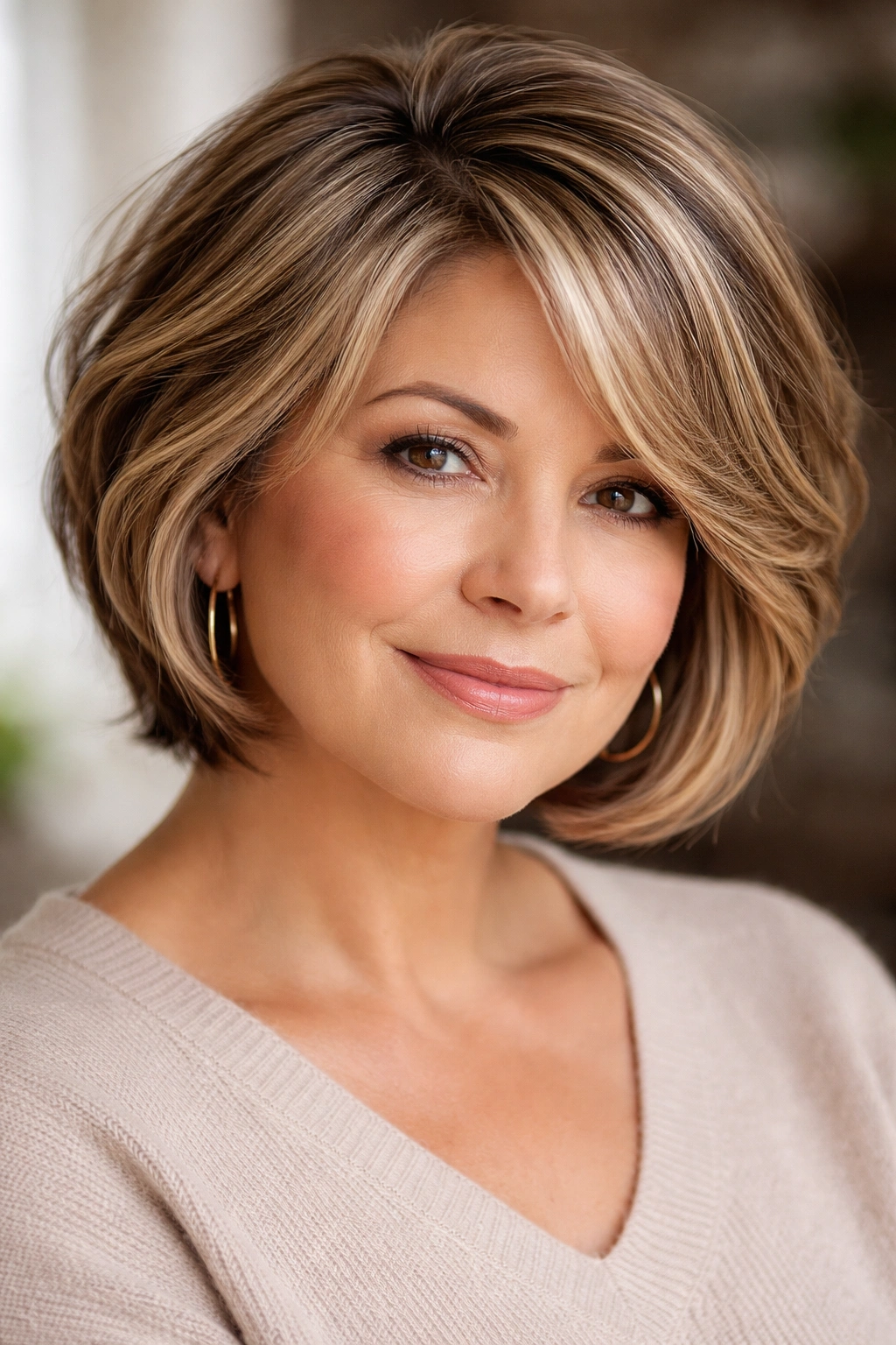 Dimensional hair color with highlights around the face to flatter a round face
