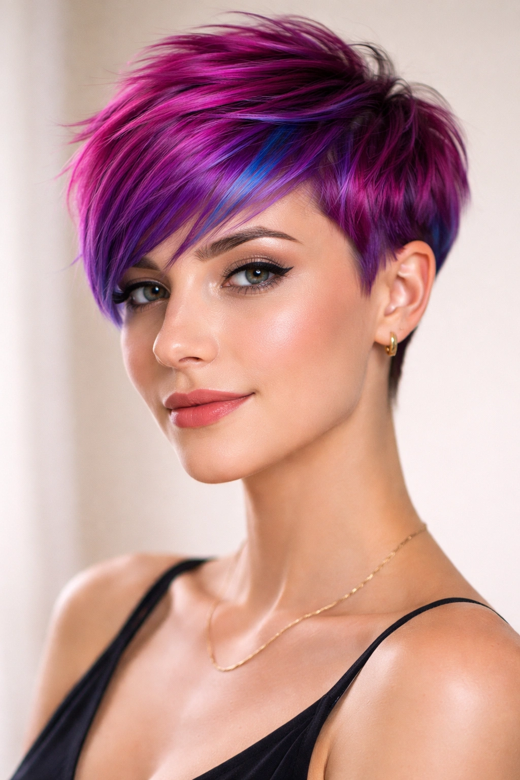 30 Pixie Cuts For Women Who Hate Fussing 20 Close-up portrait of a person with a bold colored pixie cut.