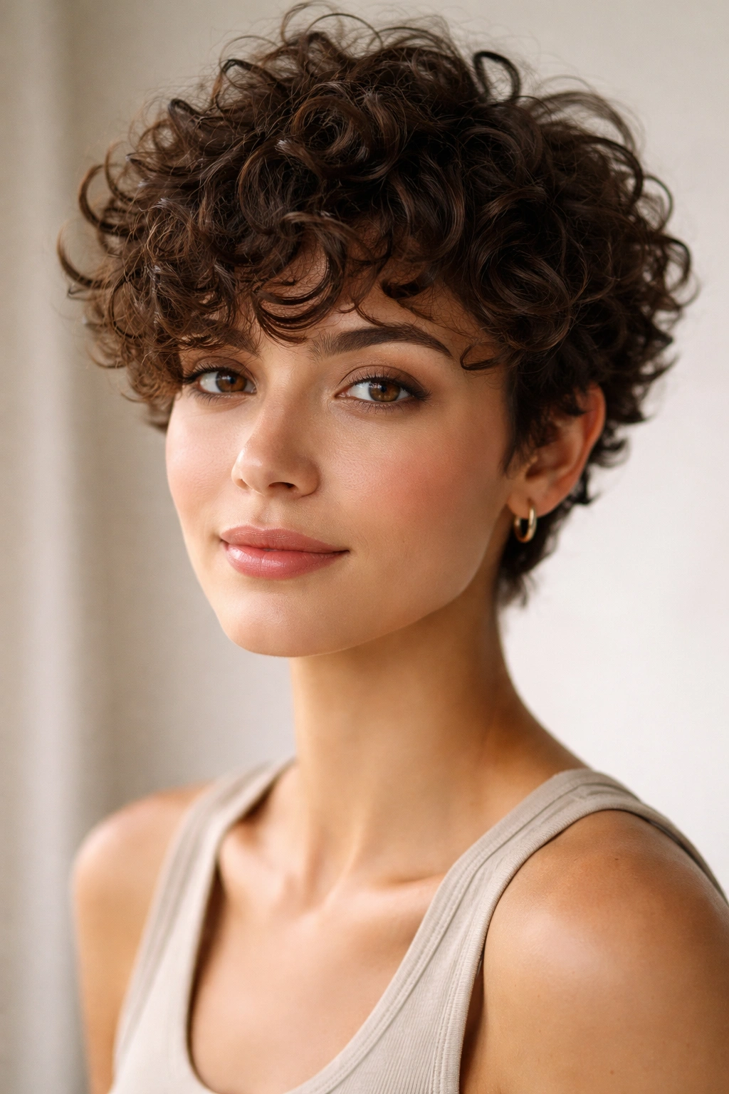 30 Pixie Cuts For Women Who Hate Fussing 12 Portrait of curly pixie with defined curls and layering