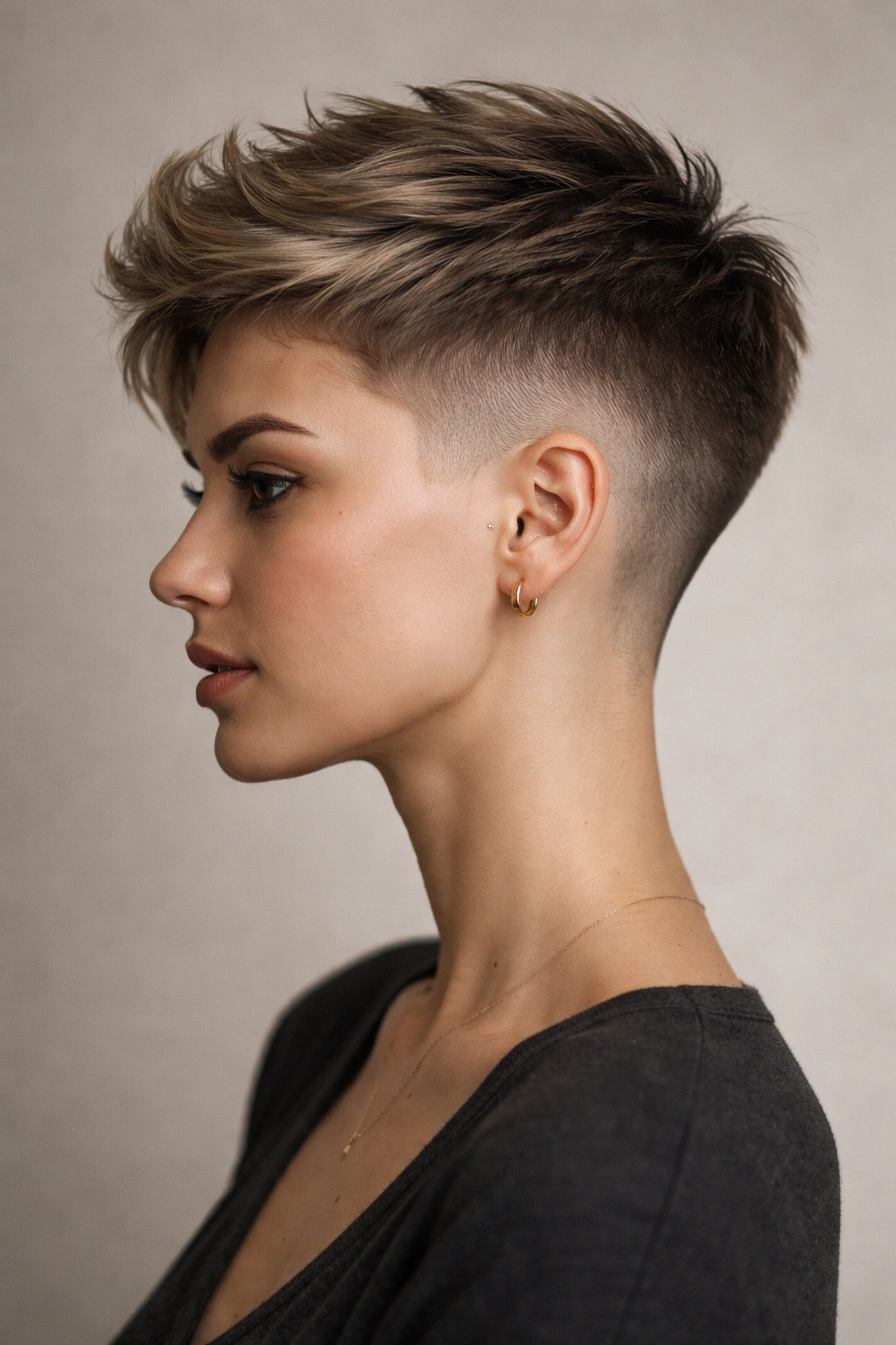 Side profile of a faded pixie showing a smooth short-to-long gradient in a neutral studio