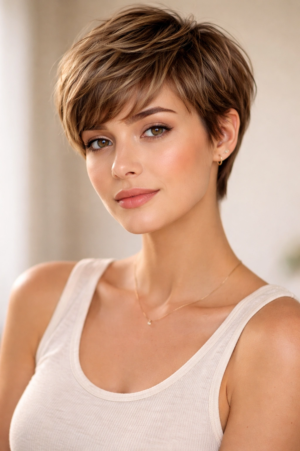 Close-up portrait of a woman with a feminine pixie cut featuring longer top and soft rounded layers.