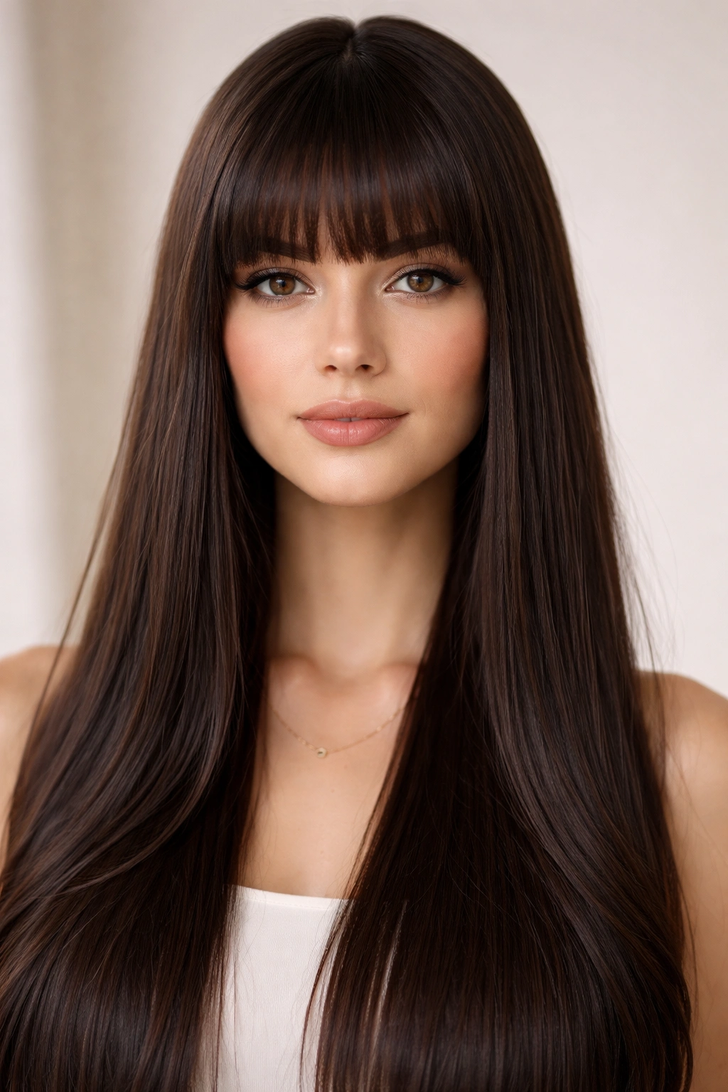 18 Hairstyles That Add Width To A Longer Face 16 Full blunt bangs across a straight sleek hairstyle