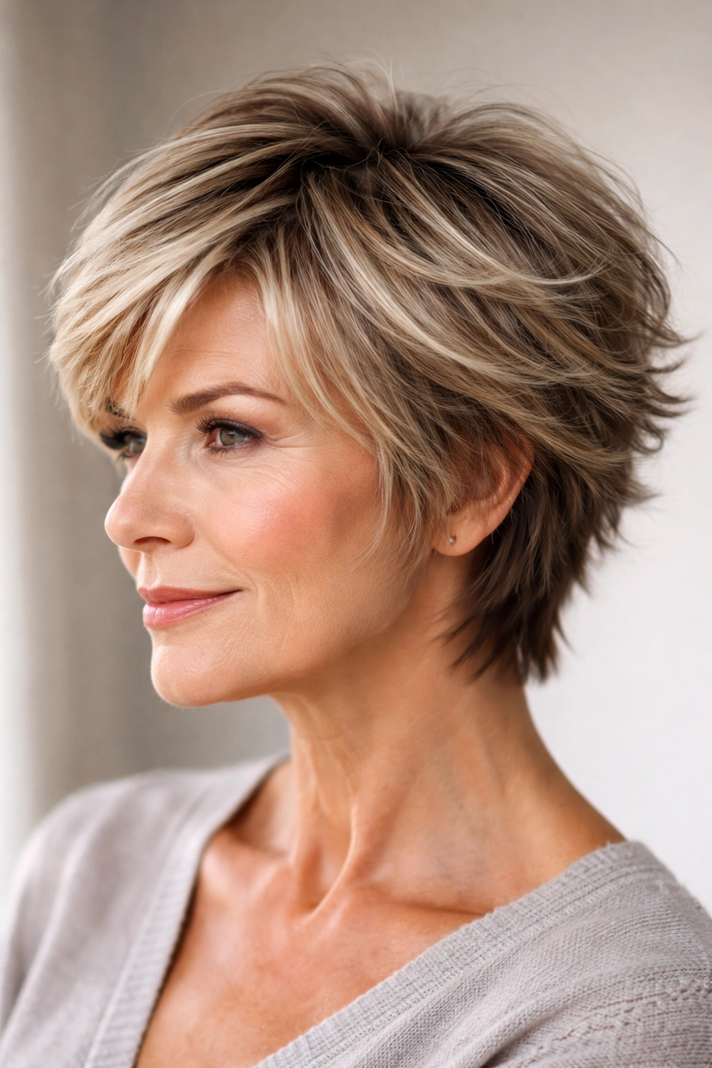 Close-up of textured layered haircut showing outward-angled layers