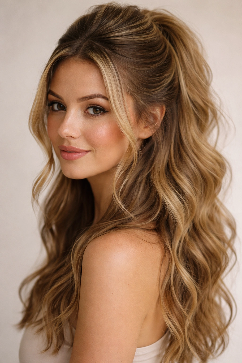 18 Hairstyles That Add Width To A Longer Face 11 Half-up half-down hairstyle with textured waves and crown lift