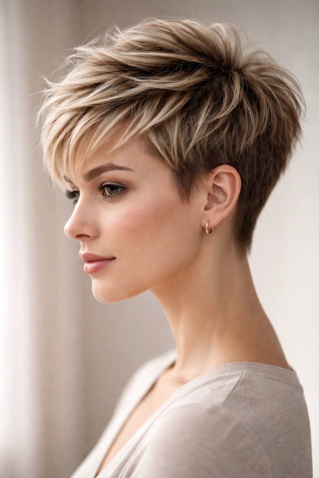 Close-up of layered crown pixie showing top layers and crown texture