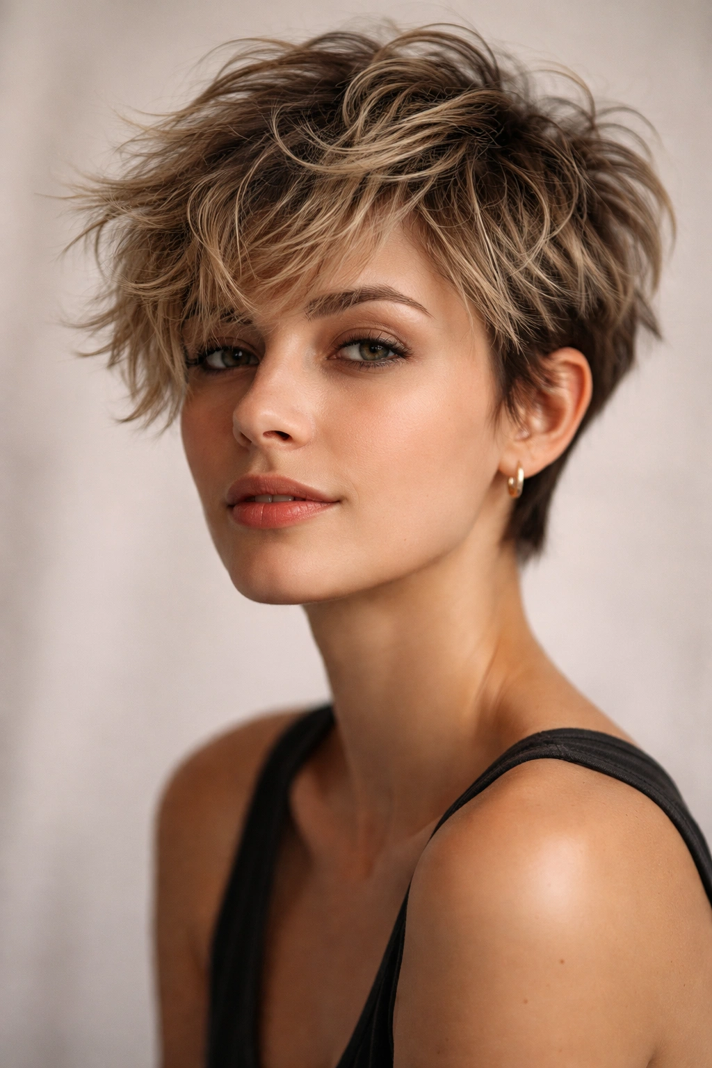 Close-up of messy pixie with tousled texture and bedhead look