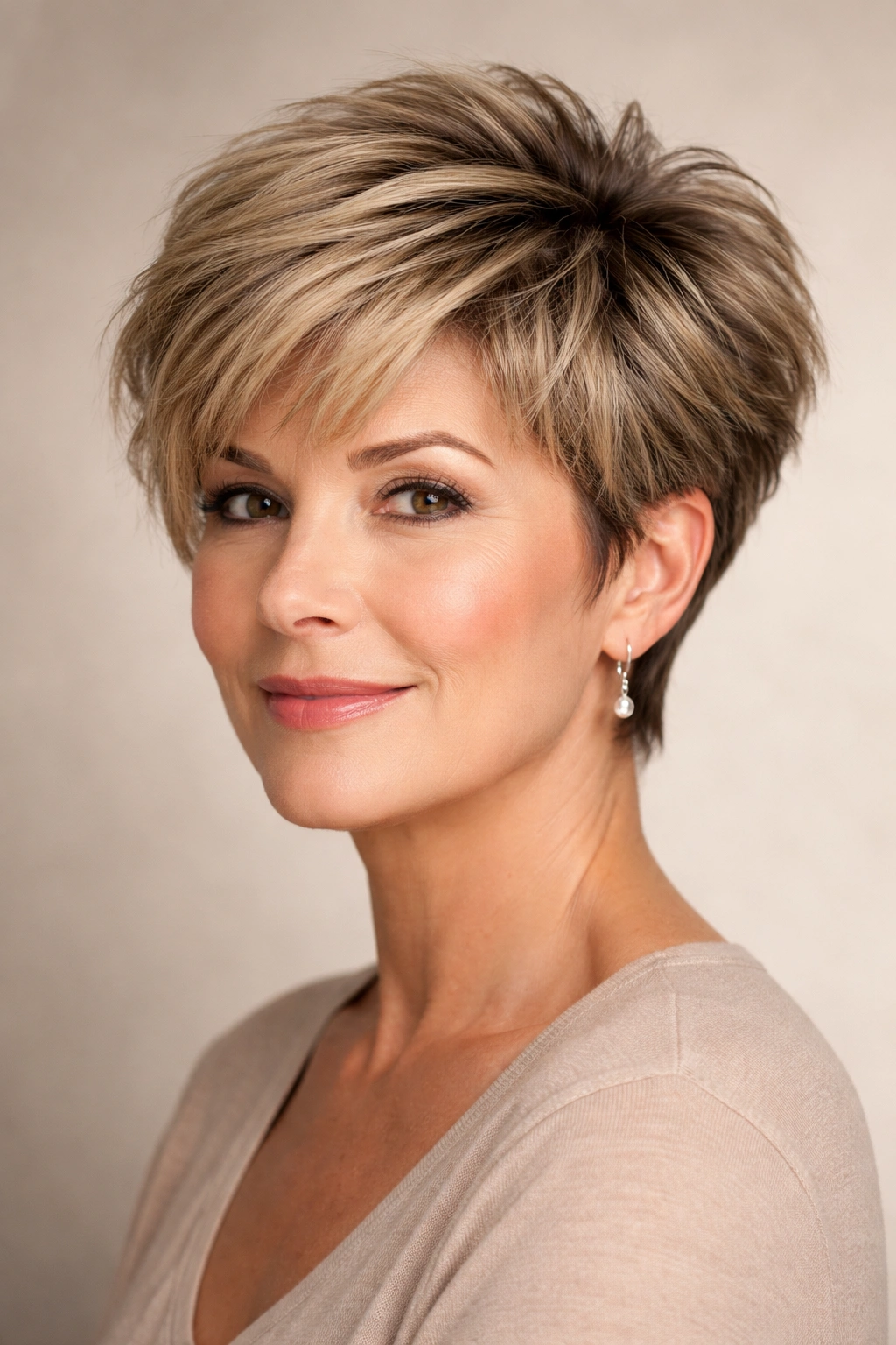 Close-up of voluminous pixie crop on a round-faced woman emphasizing layers and lift