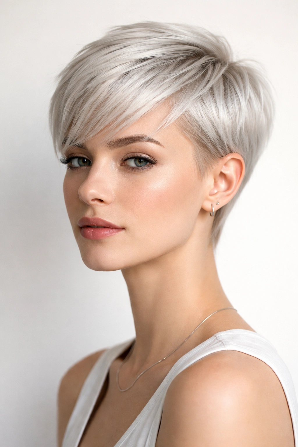 Close-up of platinum pixie with cool blonde color and sharp silhouette