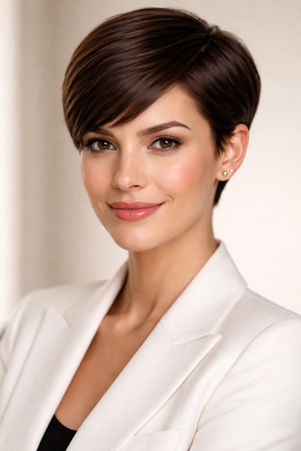 Close-up of polished pixie with sleek, smooth lines
