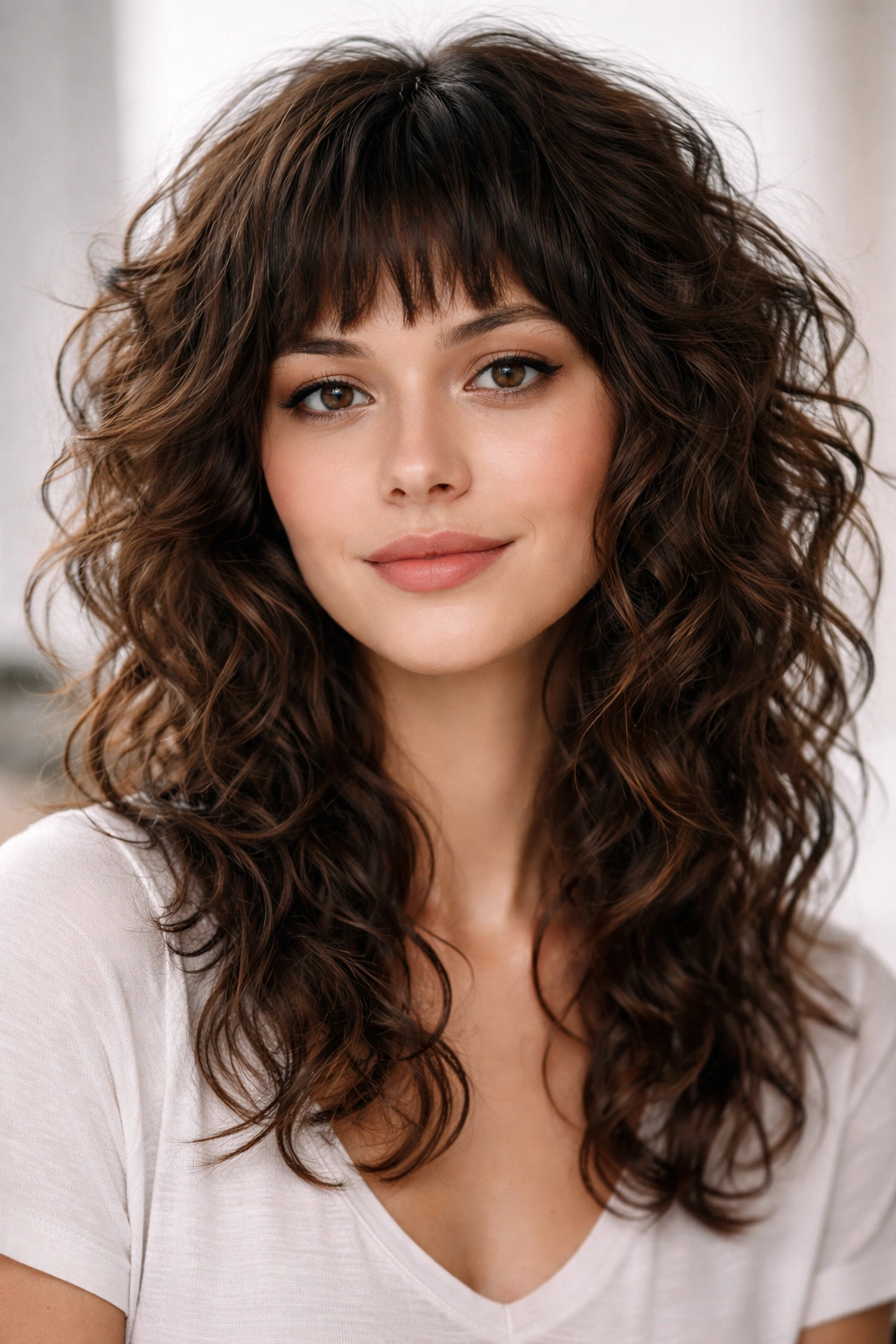 20 Shag Hairstyles Sorted By Hair And Face Type 17 Curly hair with choppy blunt bangs for a heart-shaped face.