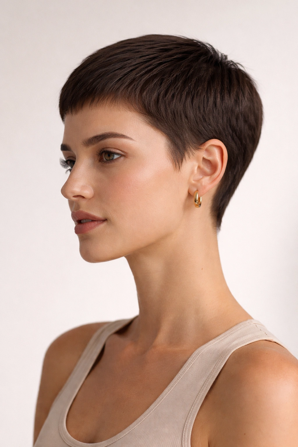Portrait of a person with a sleek 1-inch pixie cut, smooth and flat.