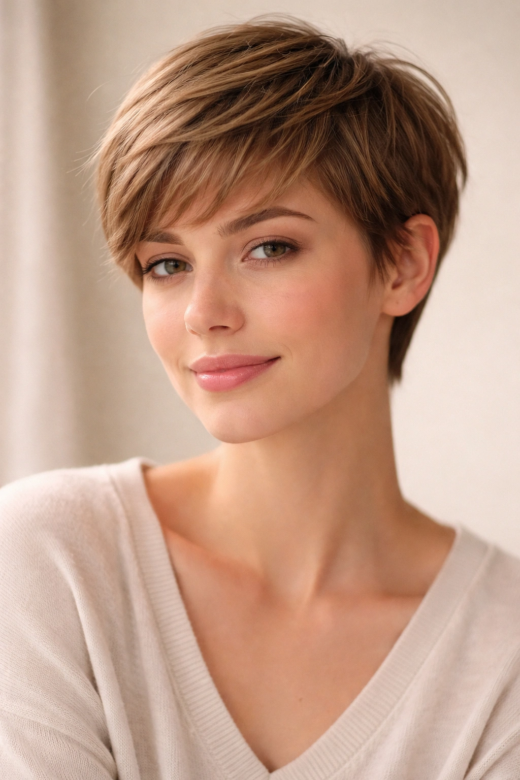 30 Pixie Cuts For Women Who Hate Fussing 7 Close-up portrait of a soft pixie with feathered layers and rounded silhouette
