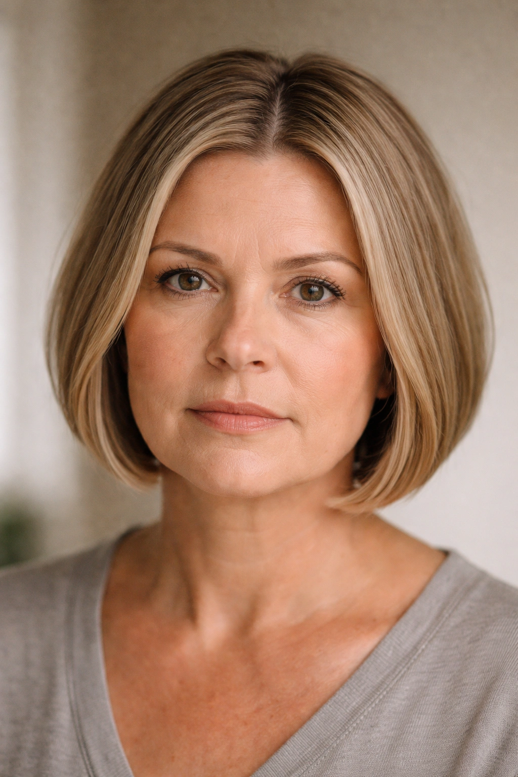 Center-parted flat crown short hairstyle emphasizes width on round face