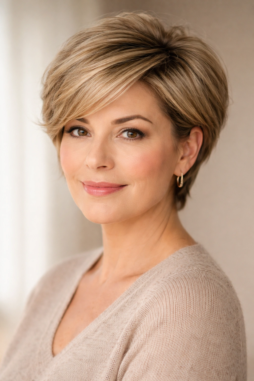 Portrait showing crown volume and side part on short hairstyle for round face