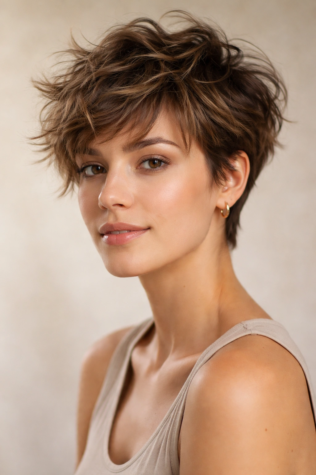 30 Pixie Cuts For Women Who Hate Fussing 8 Portrait of a tousled pixie with chaotic textures and piecey layers
