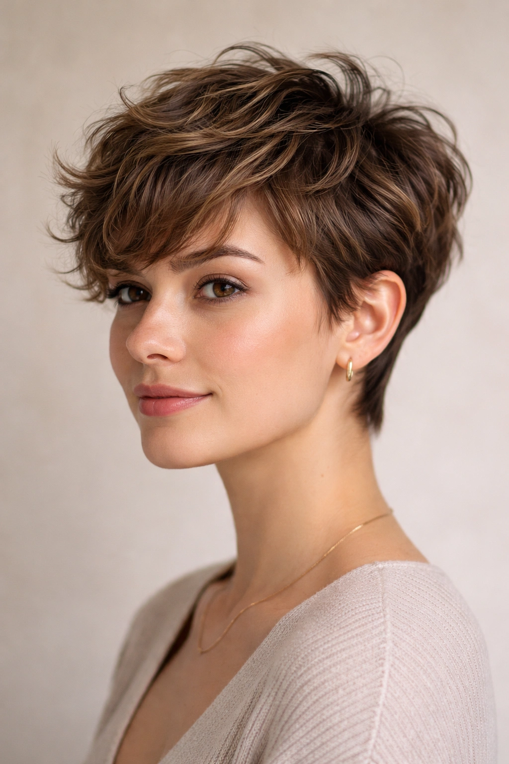 30 Pixie Cuts For Women Who Hate Fussing 13 Close-up of a wavy pixie cut showing natural texture and chic, low-maintenance styling